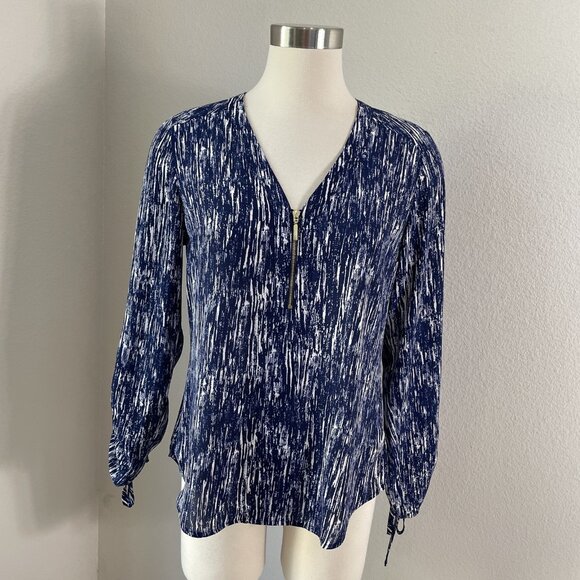 Express Blouse Womens Small Abstract Print Zip Long Sleeve Top Polyester - Picture 1 of 10